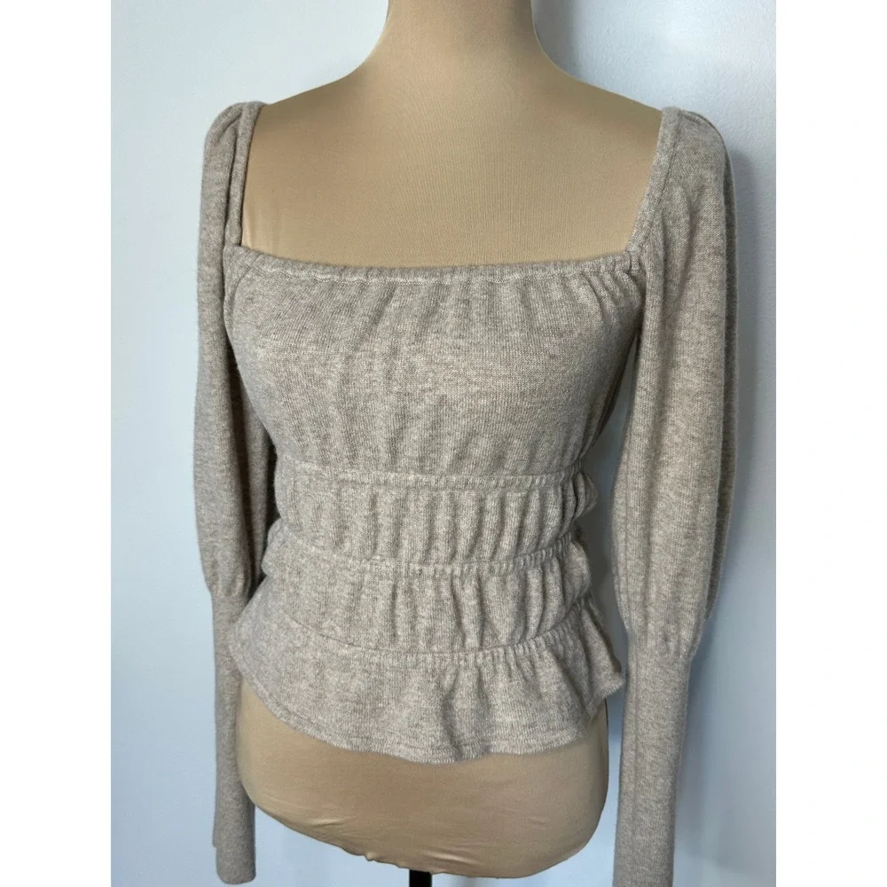 Reformation Wool Cashmere Smocked Peplum Top Size S Tan Square Neck Cropped